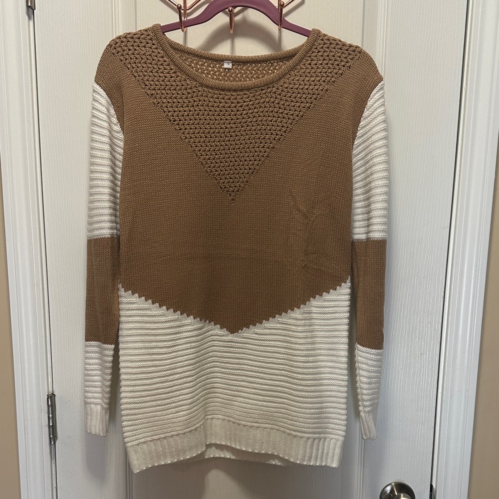 Shermie Tan and Cream Women's Crew Neck Sweater